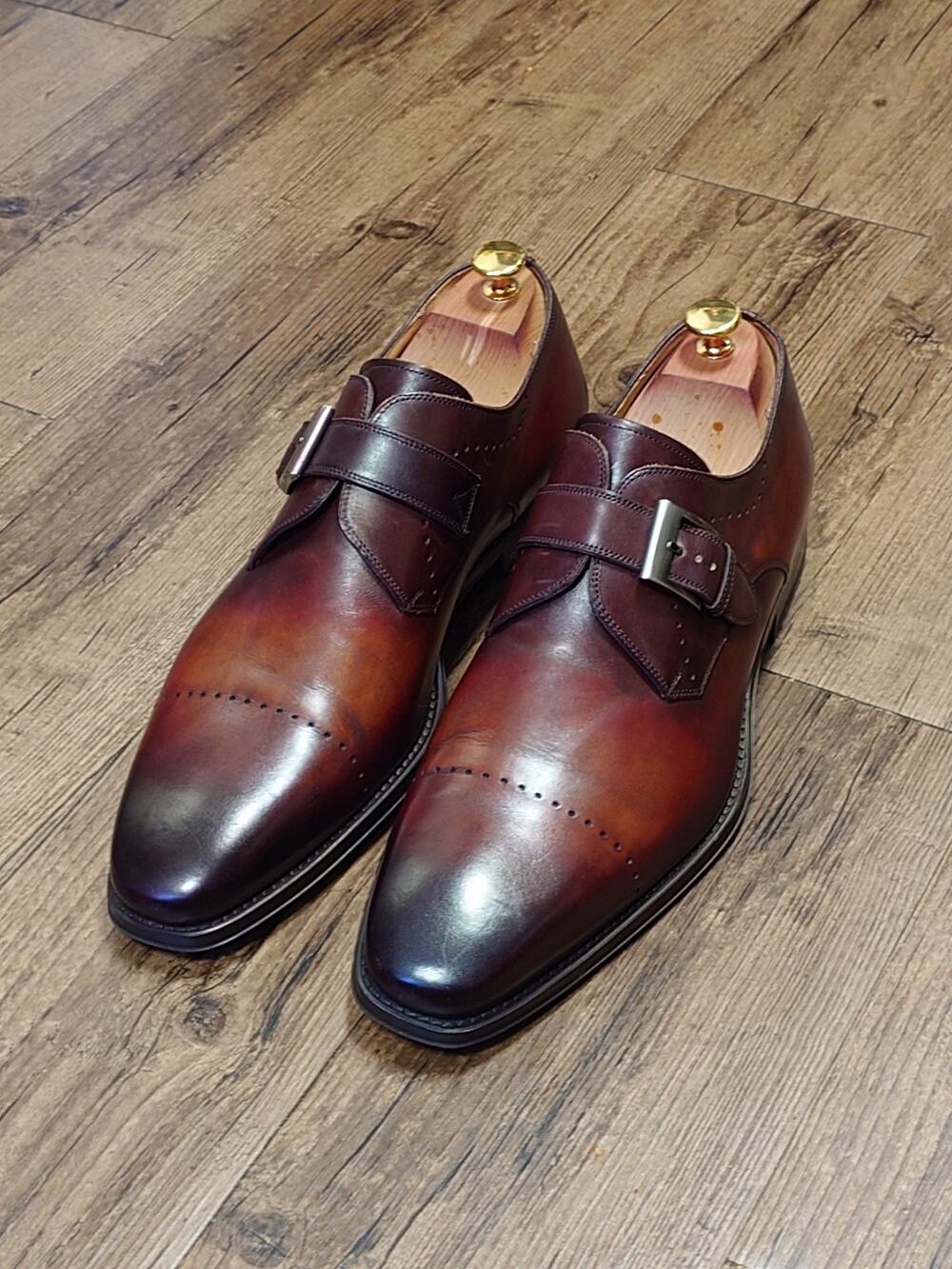 Magnanni Double Monk Strap Dress Shoes Size 14M Burgundy Sunset Burnish
